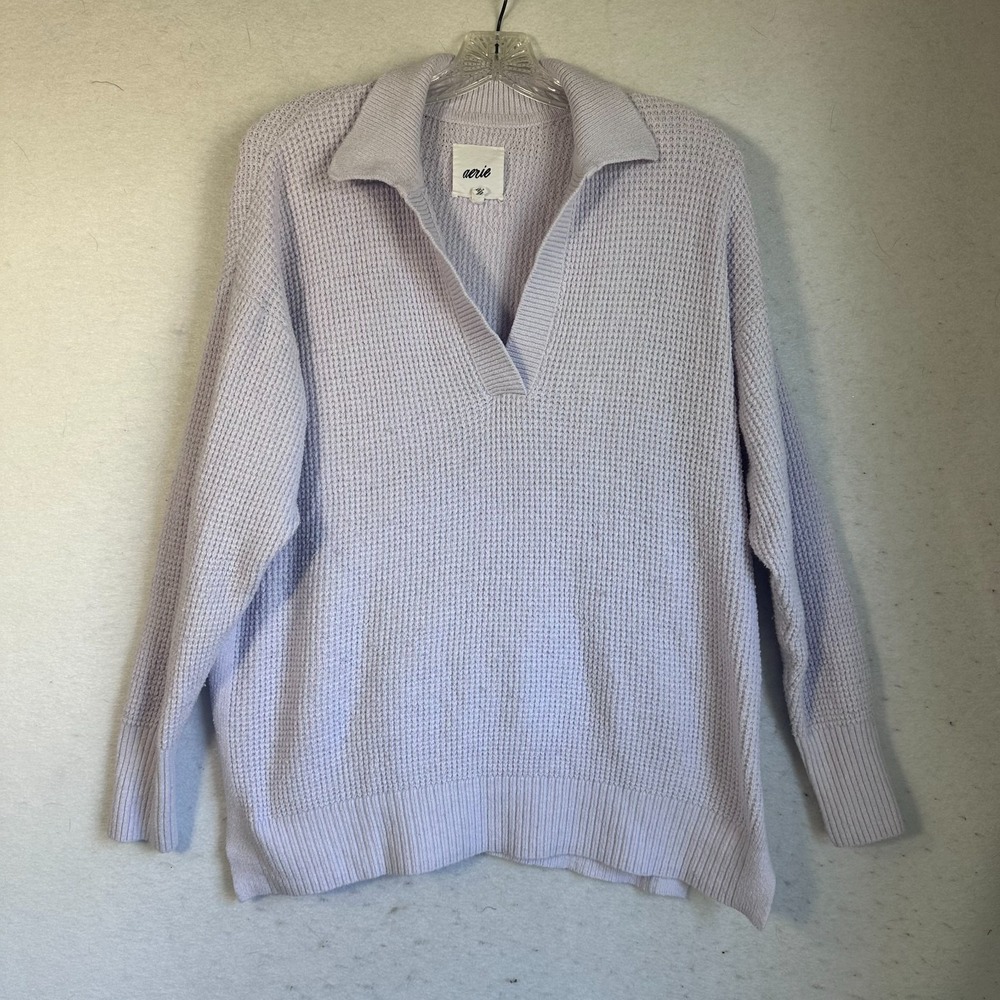Aerie Sweater Womens XS Purple Waffle Knit V-Neck Collared Oversized Relaxed